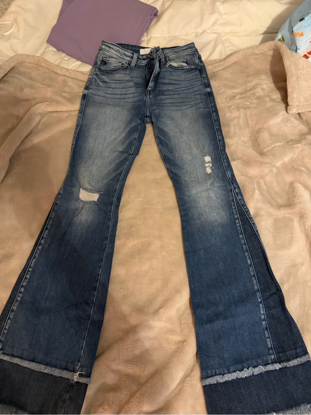 KanCan Dark Blue High-Rise Flare Jeans with Distressing